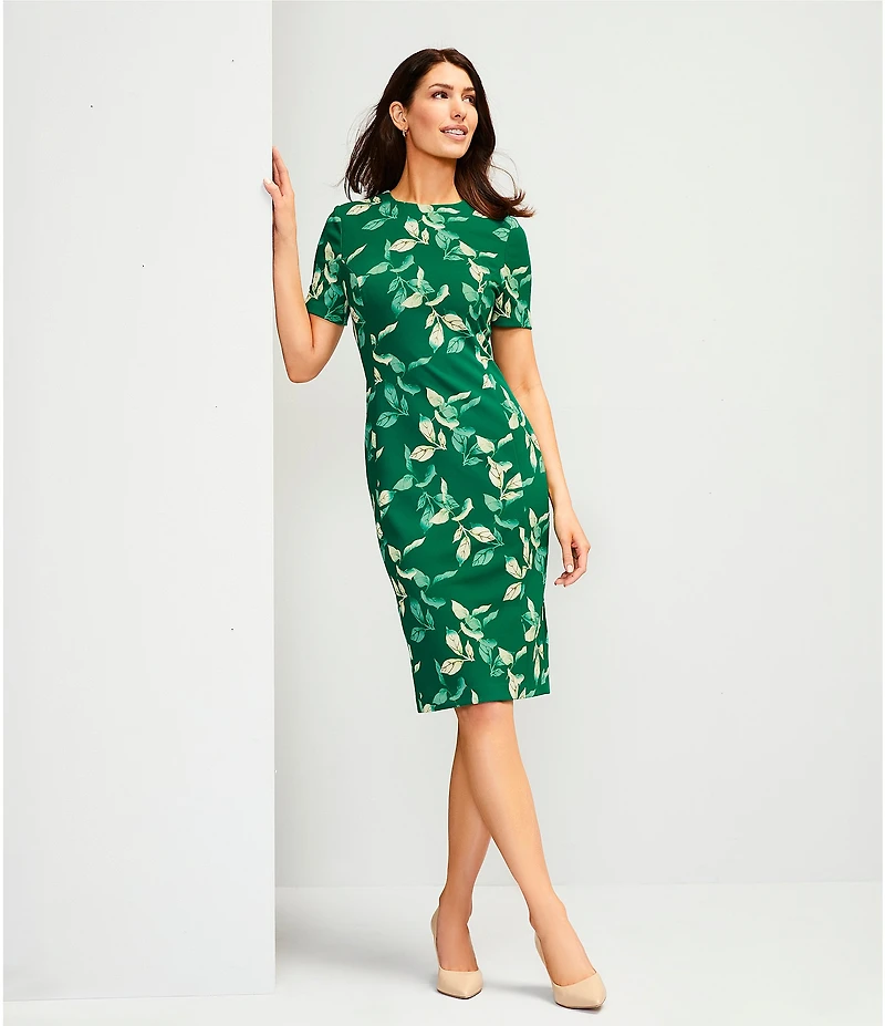 Investments Scuba Crepe Meadow Leaf Short Sleeve Sheath Dress