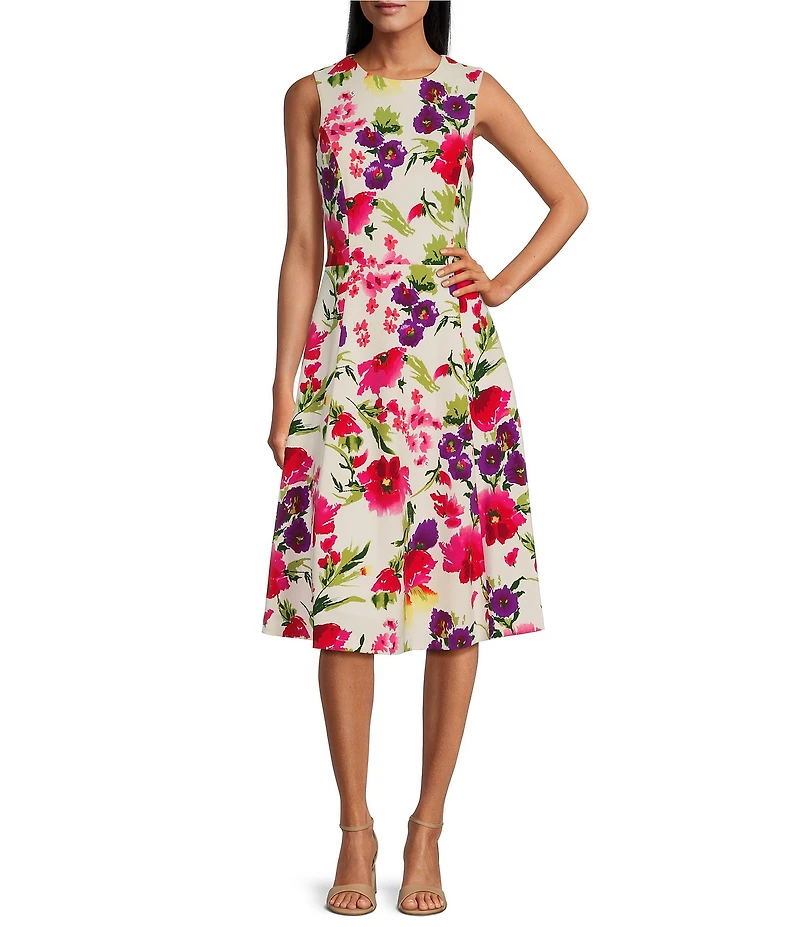 Investments Scuba Crepe Multi Floral Sleeveless Fit and Flare Dress