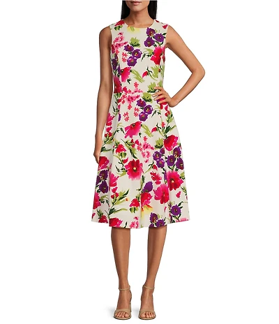 Investments Scuba Crepe Multi Floral Sleeveless Fit and Flare Dress