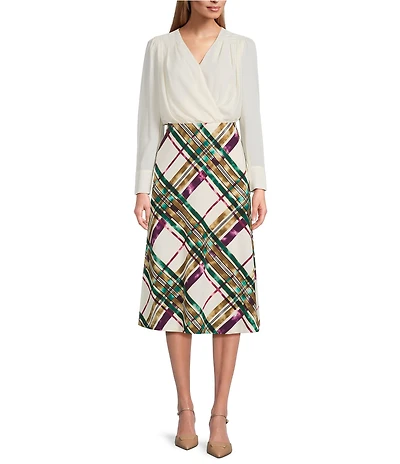Investments Scuba Crepe Plaid Long Sleeve Faux Wrap Fit and Flare Dress