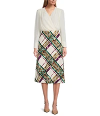 Investments Scuba Crepe Plaid Long Sleeve Faux Wrap Fit and Flare Dress