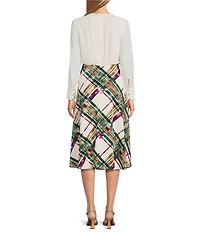 Investments Scuba Crepe Plaid Long Sleeve Faux Wrap Fit and Flare Dress