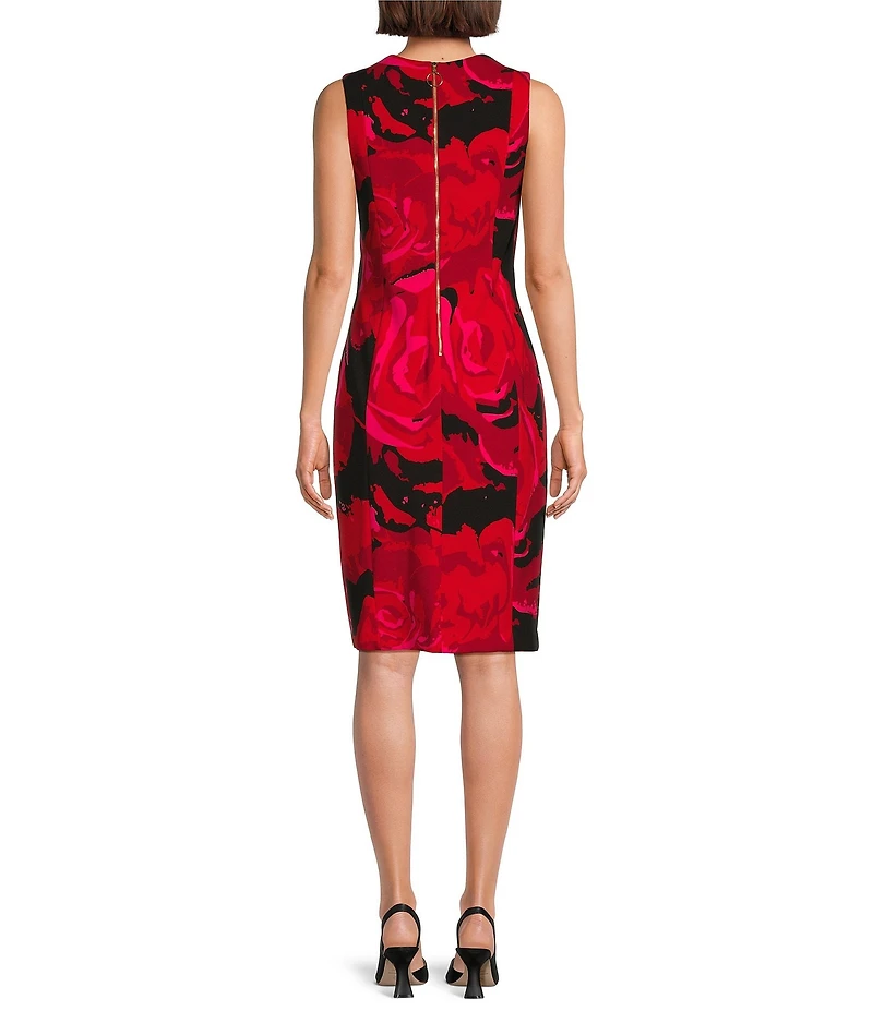 Investments Scuba Crepe red Roses Print Sleeveless Sheath Dress