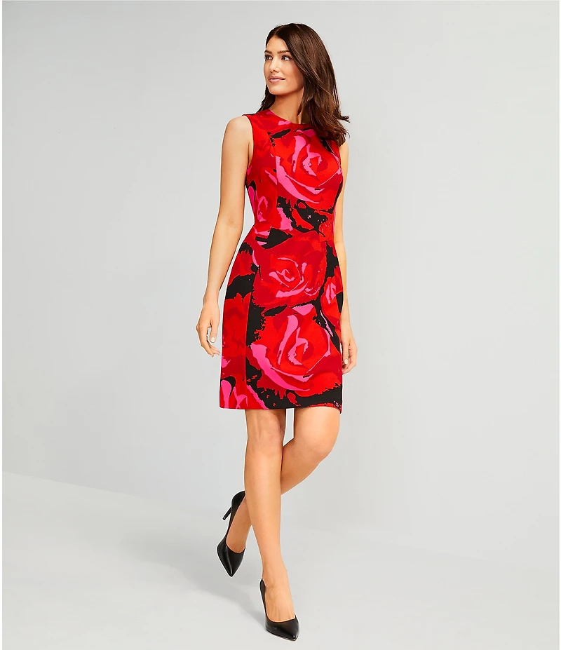 Investments Scuba Crepe red Roses Print Sleeveless Sheath Dress