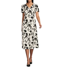 Investments Scuba Crepe Shadow Floral Short Sleeve Fit and Flare V-Neck Midi Dress