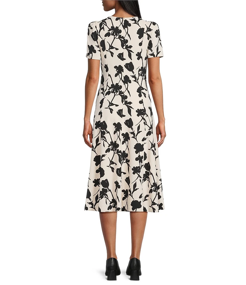 Investments Scuba Crepe Shadow Floral Short Sleeve Fit and Flare V-Neck Midi Dress