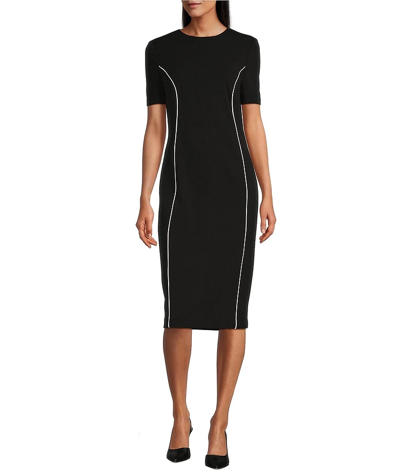 Investments Scuba Crepe Short Sleeve Contrast Piping Sheath Dress