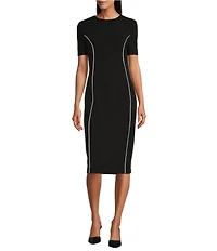 Investments Scuba Crepe Short Sleeve Contrast Piping Sheath Dress