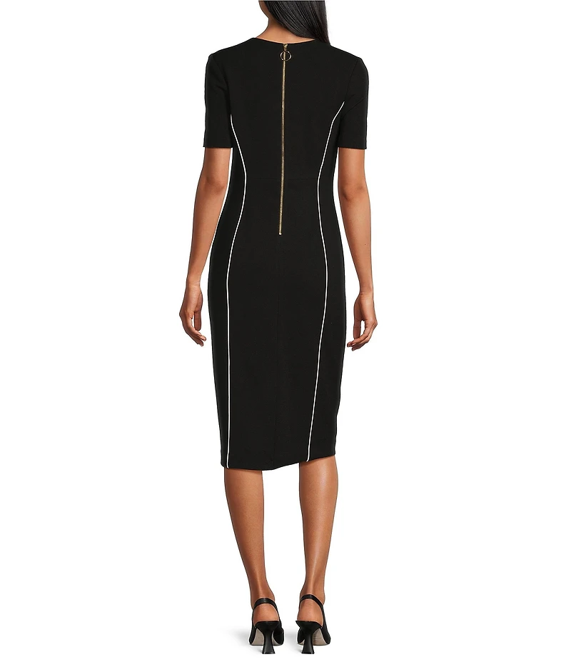 Investments Scuba Crepe Short Sleeve Contrast Piping Sheath Dress