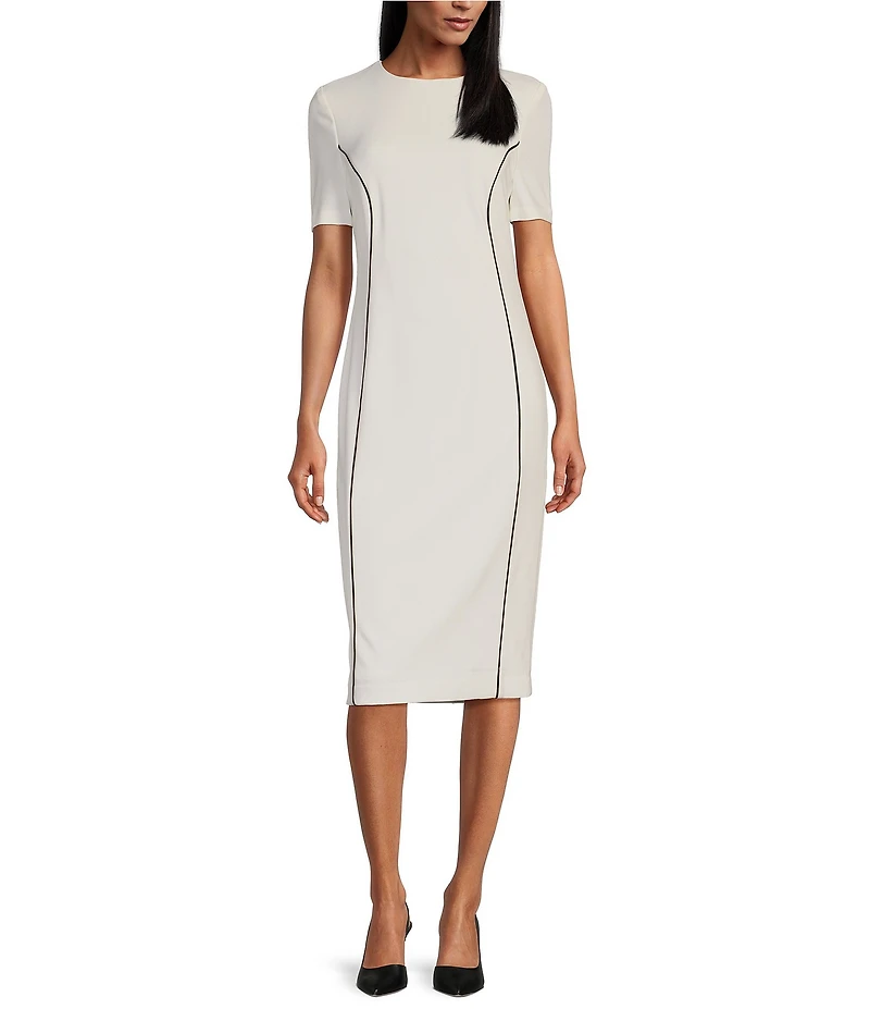 Investments Scuba Crepe Short Sleeve Contrast Piping Sheath Dress