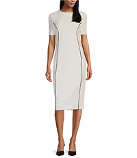 Investments Scuba Crepe Short Sleeve Contrast Piping Sheath Dress