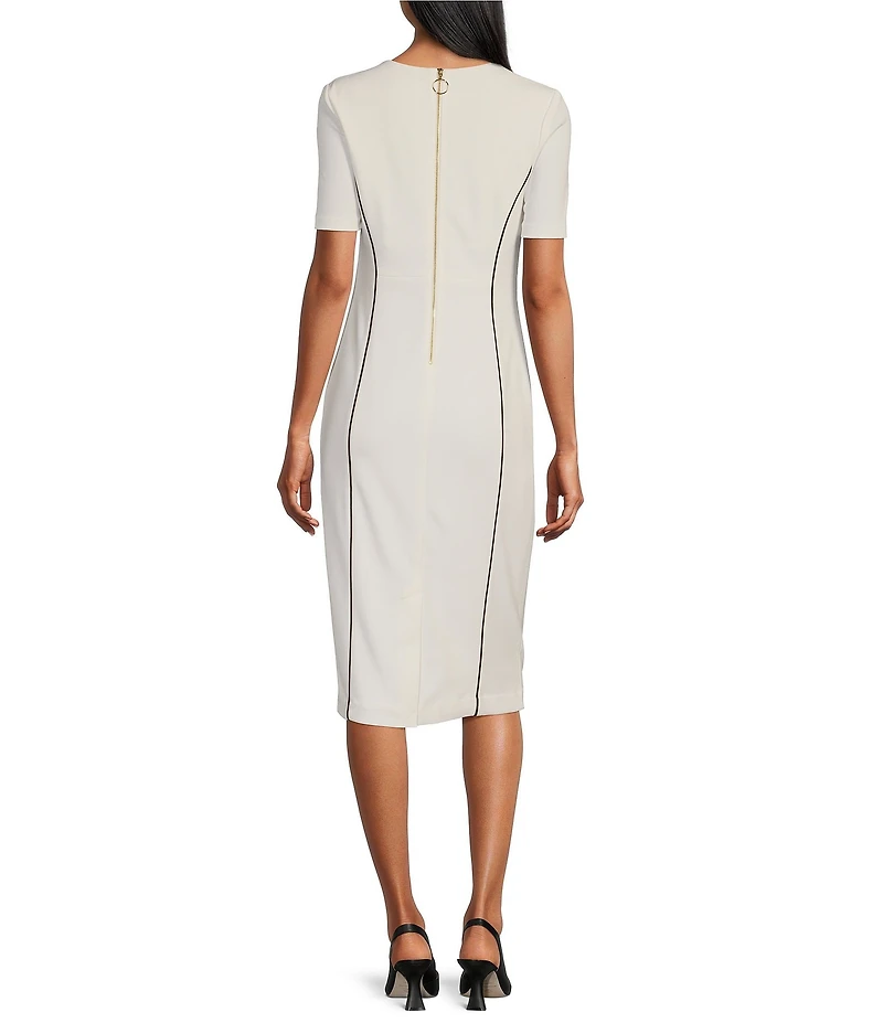 Investments Scuba Crepe Short Sleeve Contrast Piping Sheath Dress