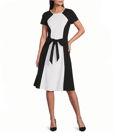 Investments Scuba Crepe Short Sleeve Crew Neck Tie Belt Fit and Flare Dress