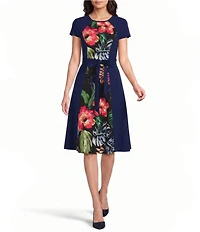 Investments Scuba Crepe Short Sleeve Crew Neck Tie Belt Fit and Flare Dress