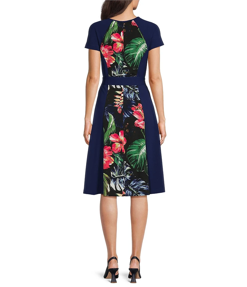 Investments Scuba Crepe Short Sleeve Crew Neck Tie Belt Fit and Flare Dress