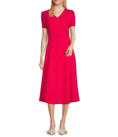 Investments Scuba Crepe Short Sleeve Fit and Flare V-Neck Dress