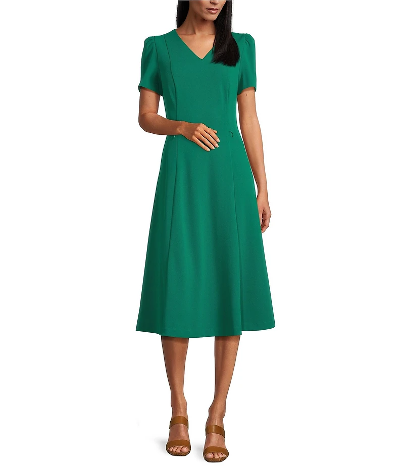 Investments Scuba Crepe Short Sleeve Fit and Flare V-Neck Dress