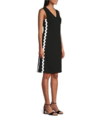 Investments Scuba Crepe Sleeveless V-Neck Zigzag Side Trim A-Line Dress