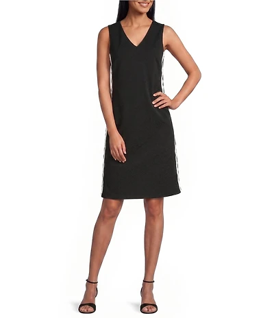 Investments Scuba Crepe Sleeveless V-Neck Zigzag Side Trim A-Line Dress