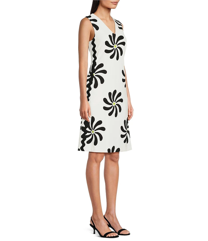 Investments Scuba Crepe Sleeveless V-Neck Zigzag Side Trim A-Line Dress