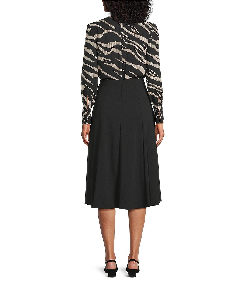 Investments Scuba Crepe Zebra Print Long Sleeve Faux Wrap Fit and Flare Midi Dress