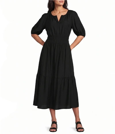 Investments Short Cuff Sleeve Split Round Neck Crinkle Dress
