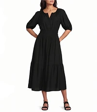 Investments Short Cuff Sleeve Split Round Neck Crinkle Dress