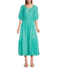 Investments Short Cuff Sleeve Split Round Neck Crinkle Dress