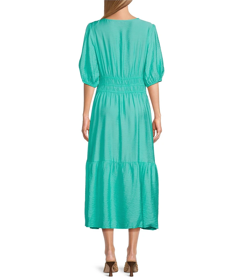 Investments Short Cuff Sleeve Split Round Neck Crinkle Dress
