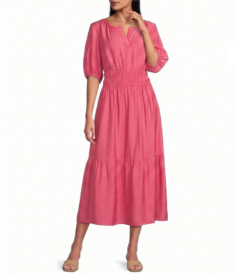 Investments Short Cuff Sleeve Split Round Neck Crinkle Dress