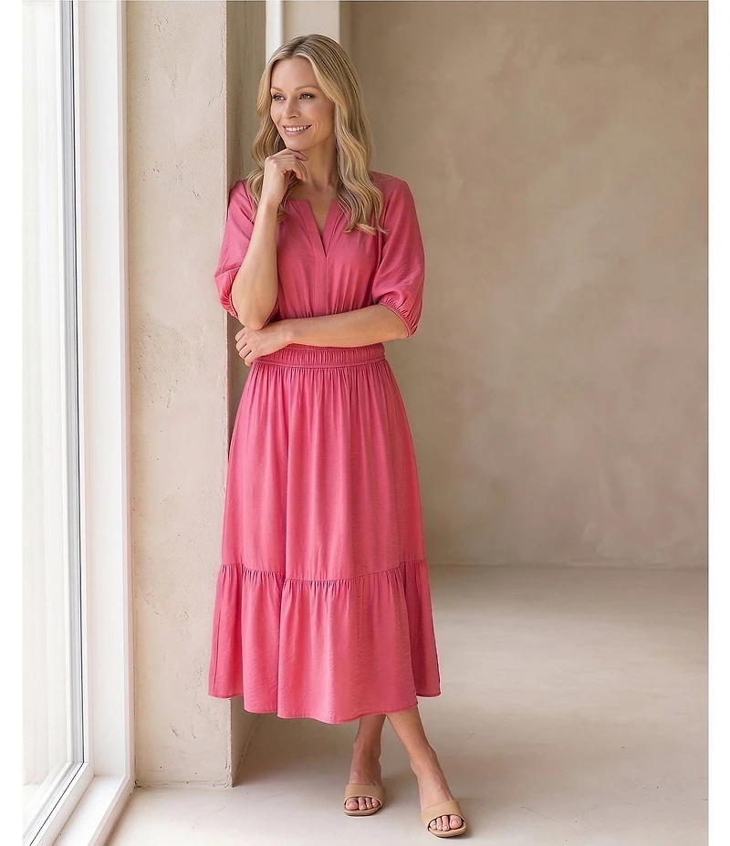 Investments Cuff Sleeve Split Round Neck Crinkle Dress