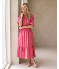 Investments Cuff Sleeve Split Round Neck Crinkle Dress