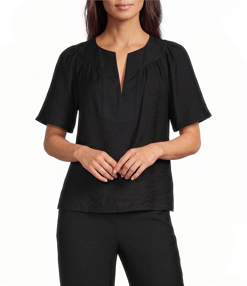 Investments Short Ruffle Sleeve Split V-Neck Crinkle Blouse