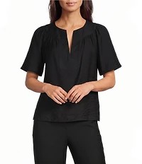 Investments Short Ruffle Sleeve Split V-Neck Crinkle Blouse