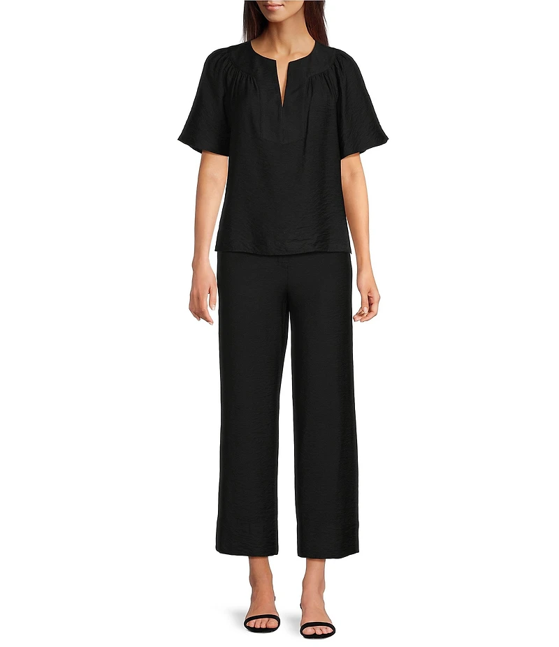 Investments Short Ruffle Sleeve Split V-Neck Crinkle Blouse