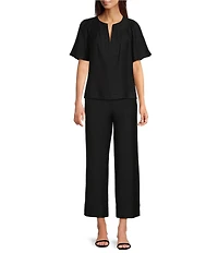 Investments Short Ruffle Sleeve Split V-Neck Crinkle Blouse