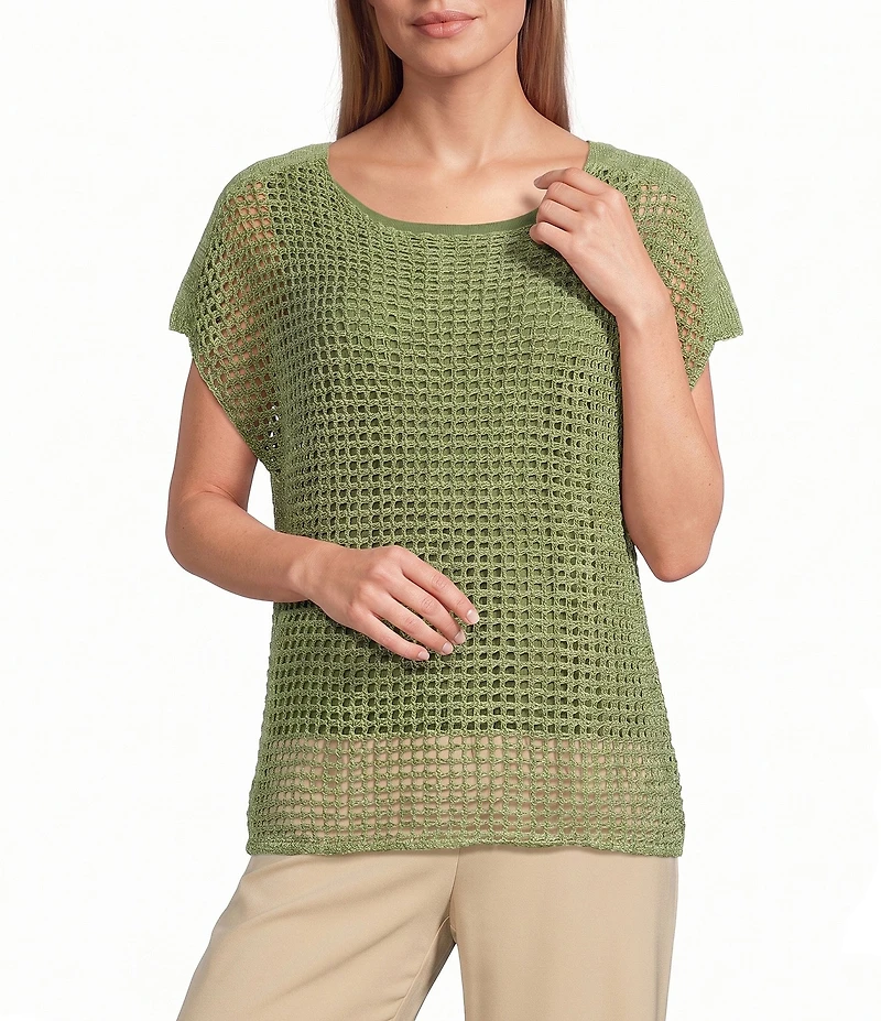 Investments Short Sleeve Crew Neck Open Stitch Top