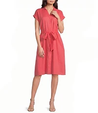 Investments Short Sleeve Point Collar Button Front Tie Belt Stretch Linen Midi Dress