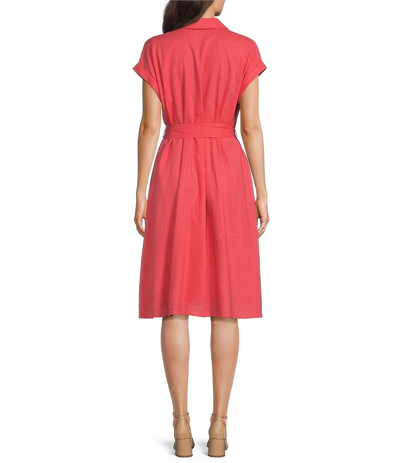 Investments Short Sleeve Point Collar Button Front Tie Belt Stretch Linen Midi Dress