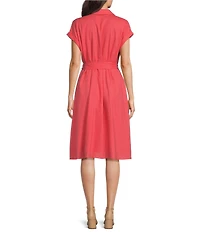 Investments Short Sleeve Point Collar Button Front Tie Belt Stretch Linen Midi Dress