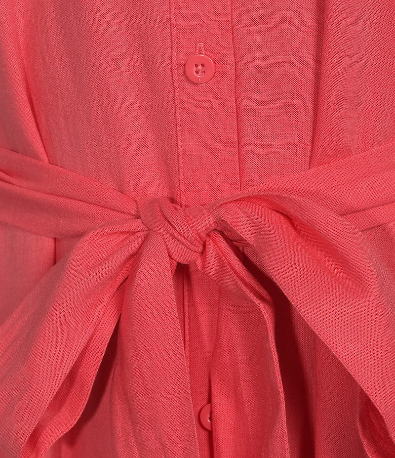 Investments Short Sleeve Point Collar Button Front Tie Belt Stretch Linen Midi Dress