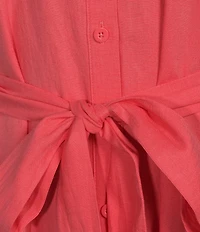 Investments Short Sleeve Point Collar Button Front Tie Belt Stretch Linen Midi Dress