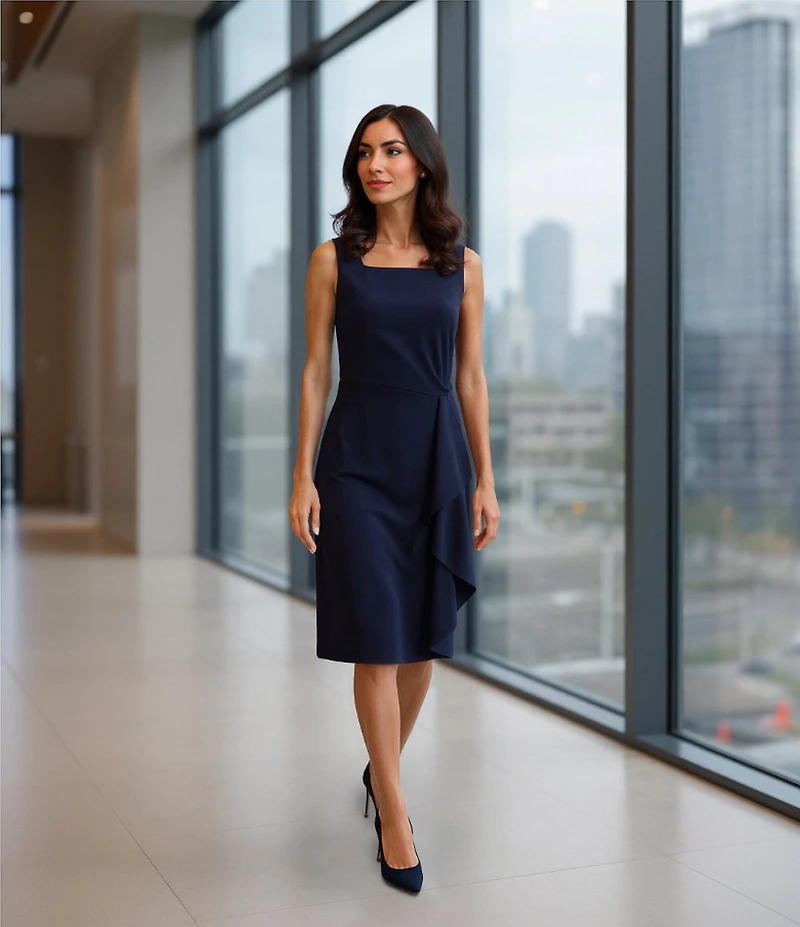 Investments Scuba Crepe Sleeveless Square Neck Faux Wrap Ruffle Sheath Midi Dress