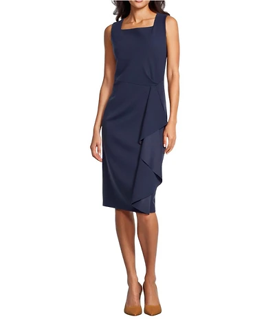 Investments Scuba Crepe Sleeveless Square Neck Faux Wrap Ruffle Sheath Midi Dress