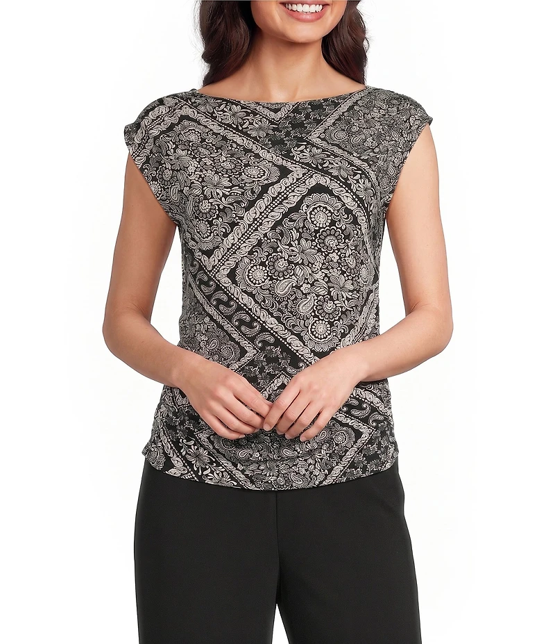 Investments Soft Separates Bias Geo Print Crew Neck Ruched Sleeveless Top