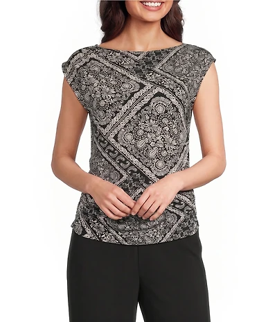 Investments Soft Separates Bias Geo Print Crew Neck Ruched Sleeveless Top