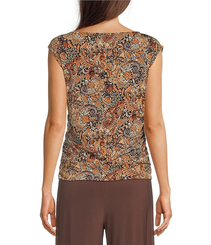 Investments Soft Separates Black/Pinecone Painted Paisley Print Crew Neck Ruched Sleeveless Top