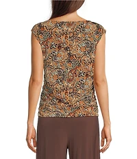Investments Soft Separates Black/Pinecone Painted Paisley Print Crew Neck Ruched Sleeveless Top