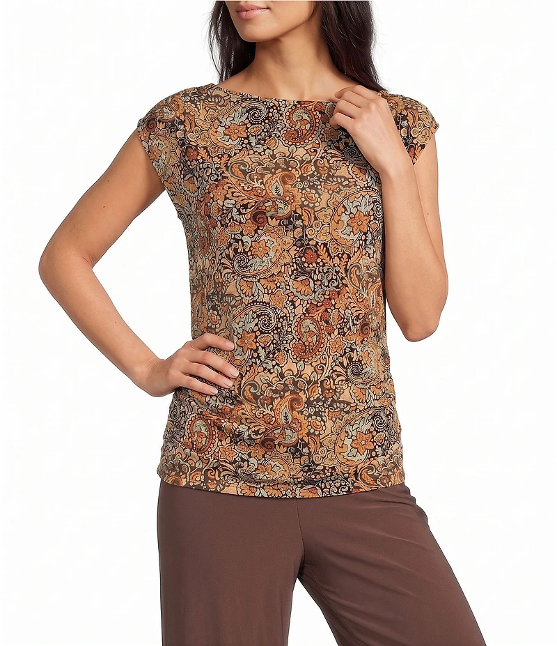 Investments Soft Separates Black/Pinecone Painted Paisley Print Crew Neck Ruched Sleeveless Top