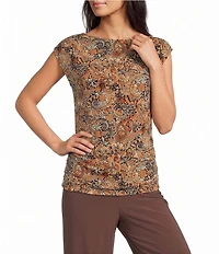 Investments Soft Separates Black/Pinecone Painted Paisley Print Crew Neck Ruched Sleeveless Top